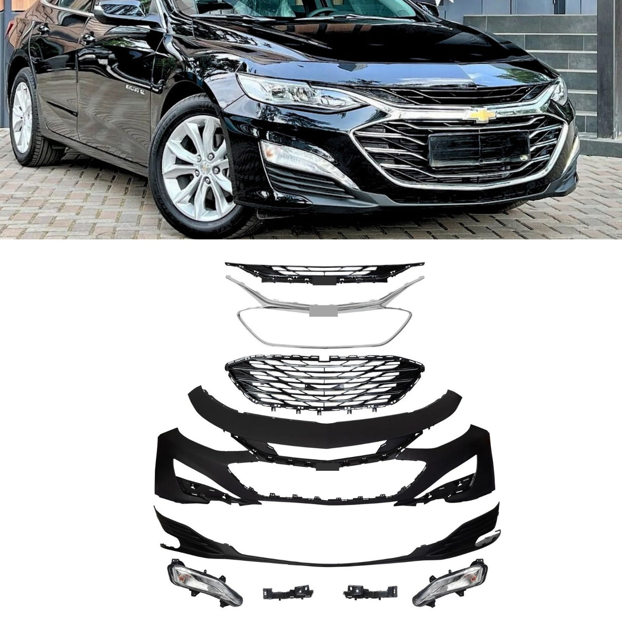 (Patented ABS) For 2019-2024 Chevy Malibu Front Bumper Cover Upper & Lower Grille Fog Light Set