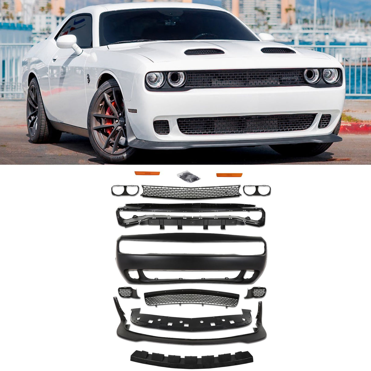 (Patented ABS) For 2015-2023 Dodge Challenger Full Front Bumper Cover Grille Lip Hellcat Style